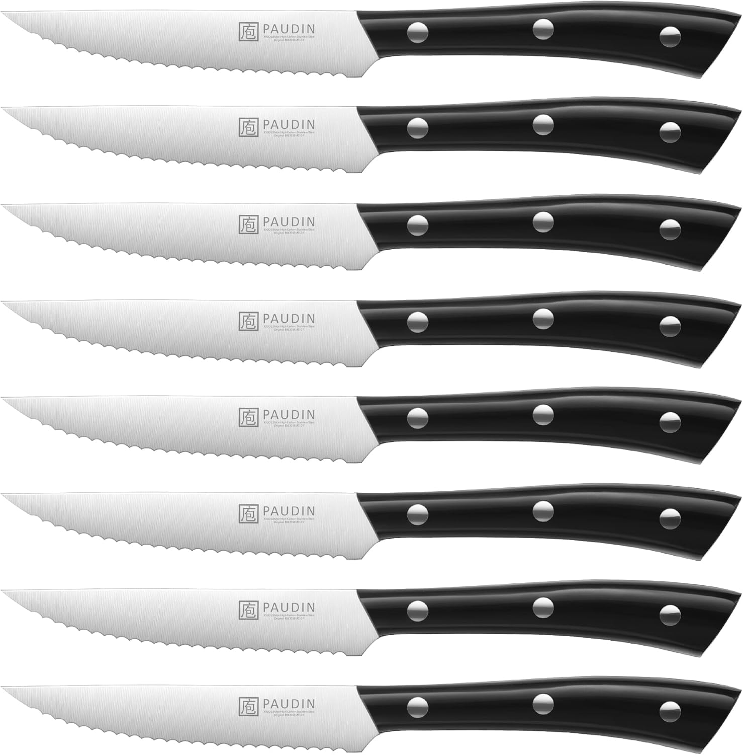 PAUDIN Steak Knives, Steak Knives Set of 8, Razor-Sharp Steak Knife Set 4.5 inch, High Carbon Stainless Steel Serrated Steak Knives Set for Kitchen, Full Tang ABS Handle