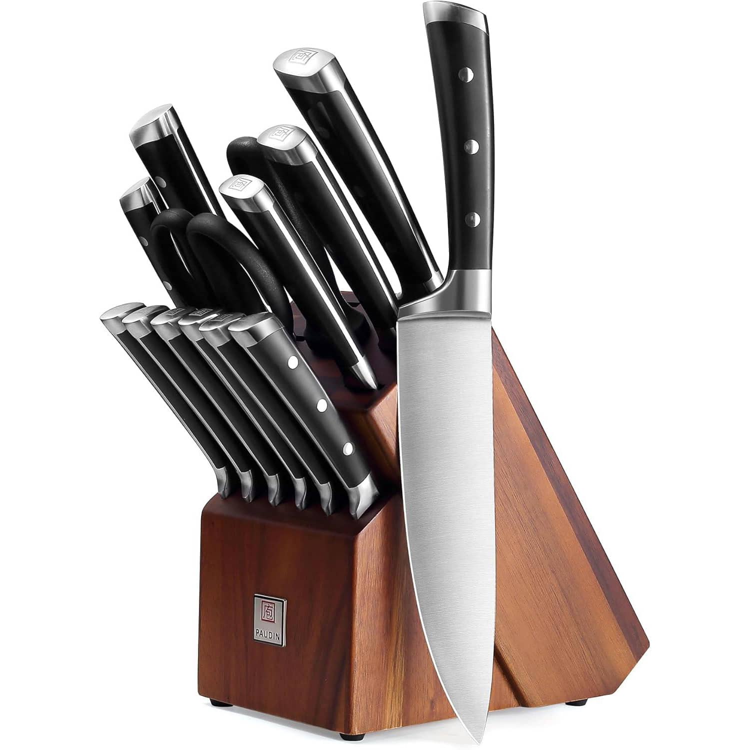 PAUDIN 15-Piece Knife Block Set - High Carbon Stainless Steel with Sharpener