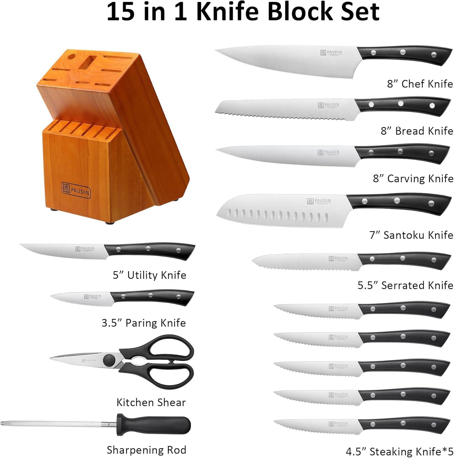 PAUDIN 15 - Piece Kitchen Knife Set with Block - High Carbon German Steel - Urbanedges