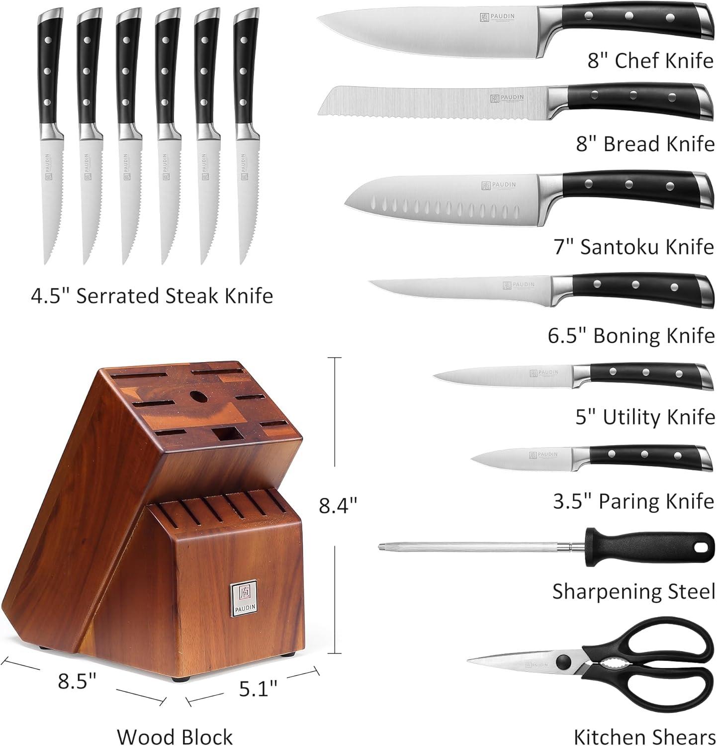 PAUDIN 15 - Piece Knife Block Set - High Carbon Stainless Steel with Sharpener, Full Tang Triple Rivet Handle - Urbanedges