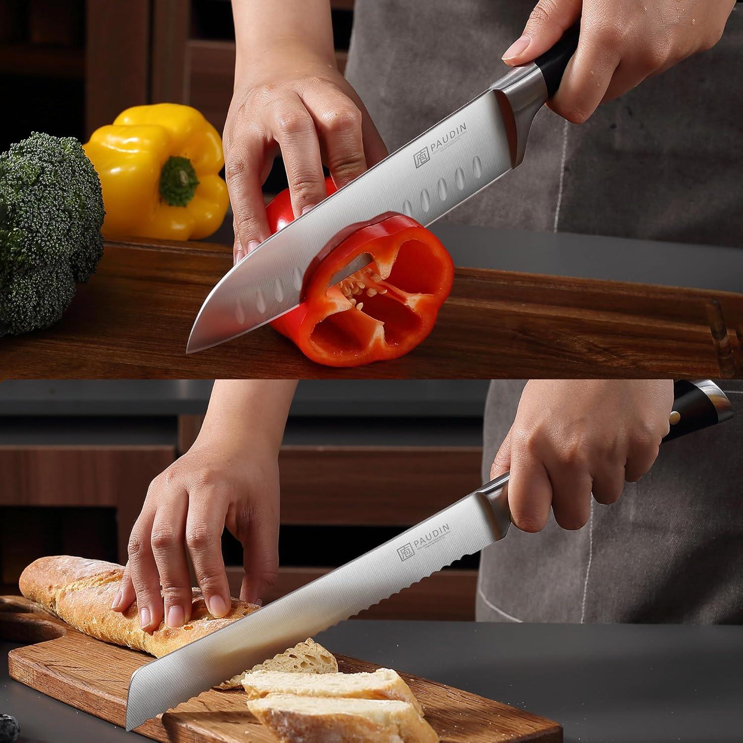 PAUDIN 15 - Piece Knife Block Set - High Carbon Stainless Steel with Sharpener, Full Tang Triple Rivet Handle - Urbanedges