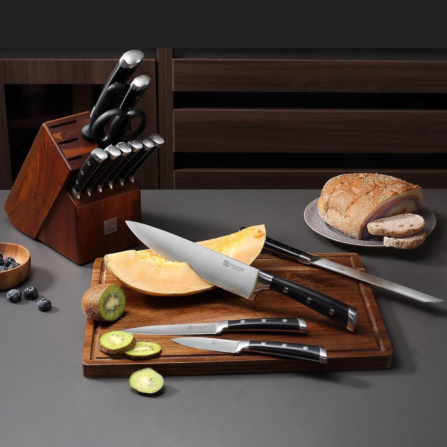 PAUDIN 15 - Piece Knife Block Set - High Carbon Stainless Steel with Sharpener, Full Tang Triple Rivet Handle - Urbanedges