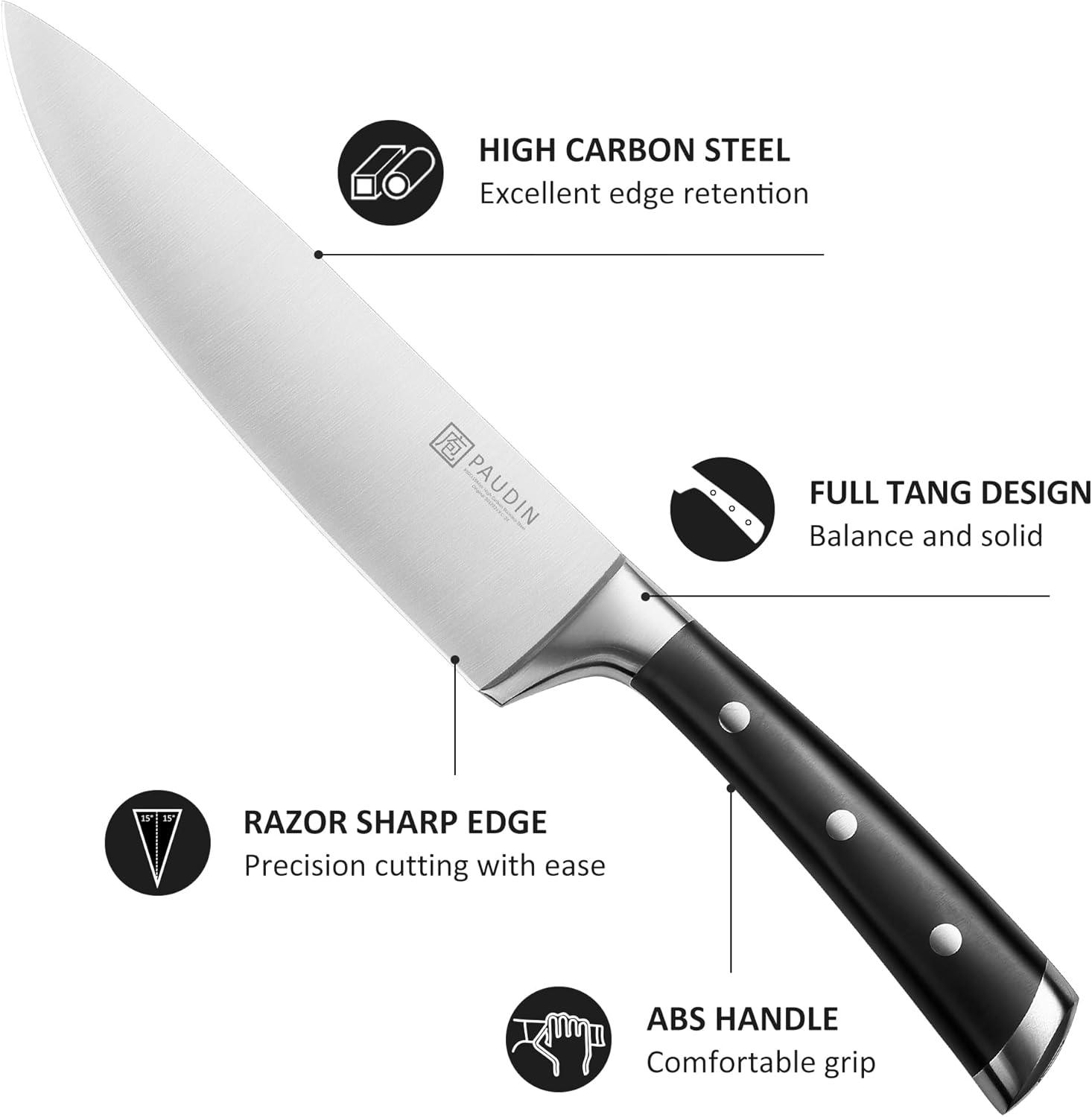 PAUDIN 15 - Piece Knife Block Set - High Carbon Stainless Steel with Sharpener, Full Tang Triple Rivet Handle - Urbanedges