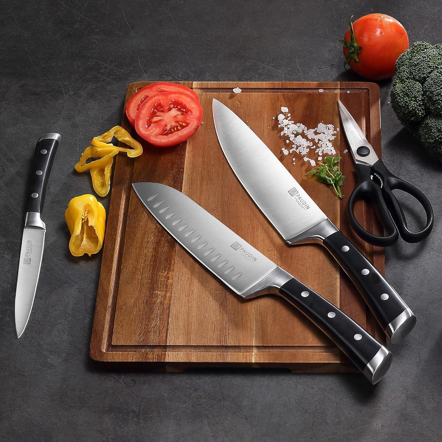 PAUDIN 15 - Piece Knife Block Set - High Carbon Stainless Steel with Sharpener, Full Tang Triple Rivet Handle - Urbanedges