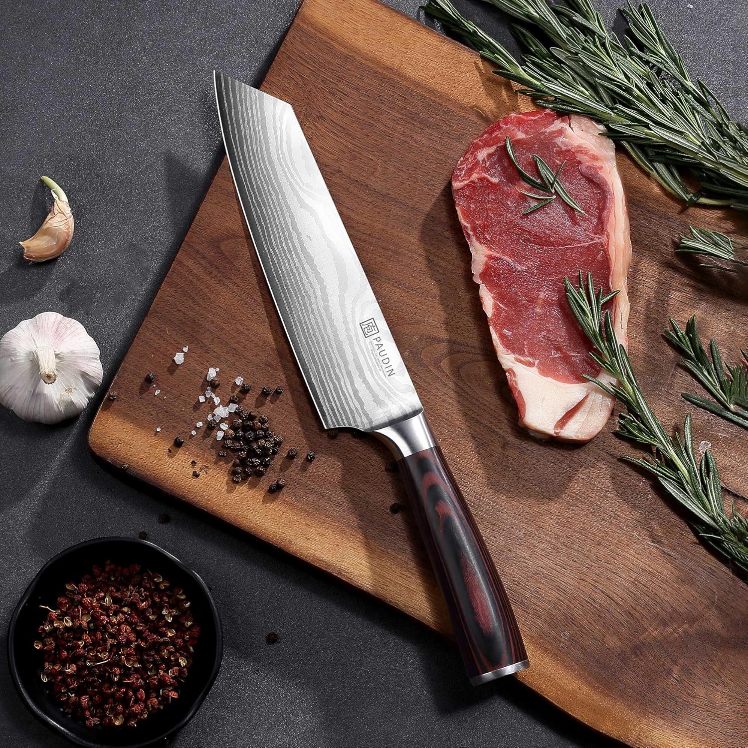 PAUDIN Universal Classic 8” Chef Knife - High Carbon Steel, Santoku, Pakkawood Handle, Gift Box